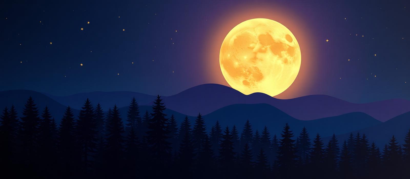 A glowing moon above a quiet forest of paper-cut trees